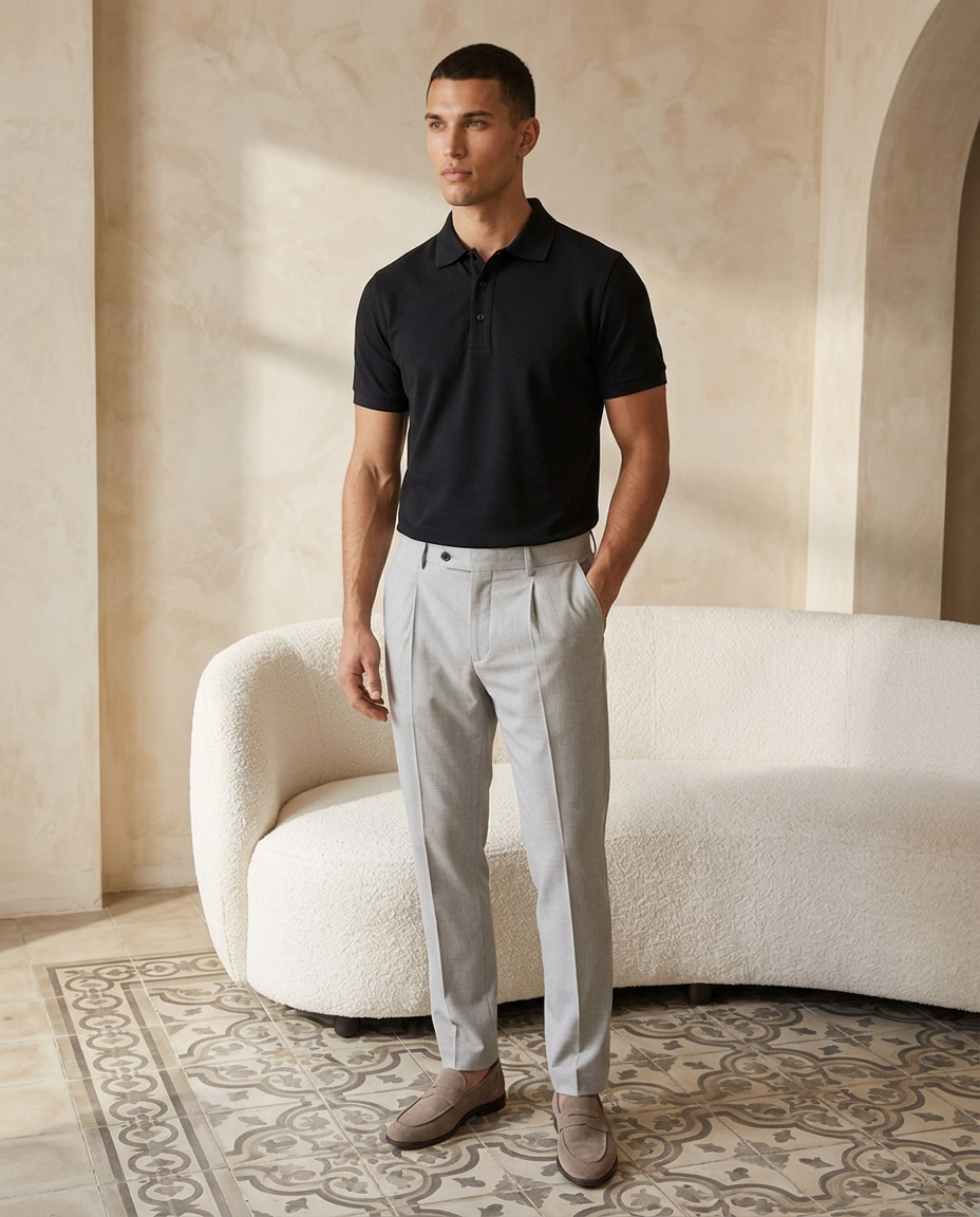 Model draagt Pique Core Polo Black - full body editorial
