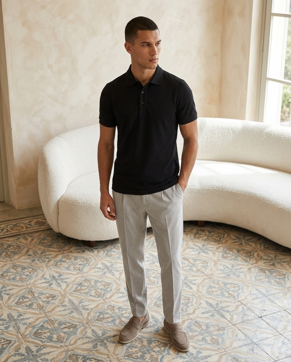 Model draagt Pique Core Polo Black - full body editorial