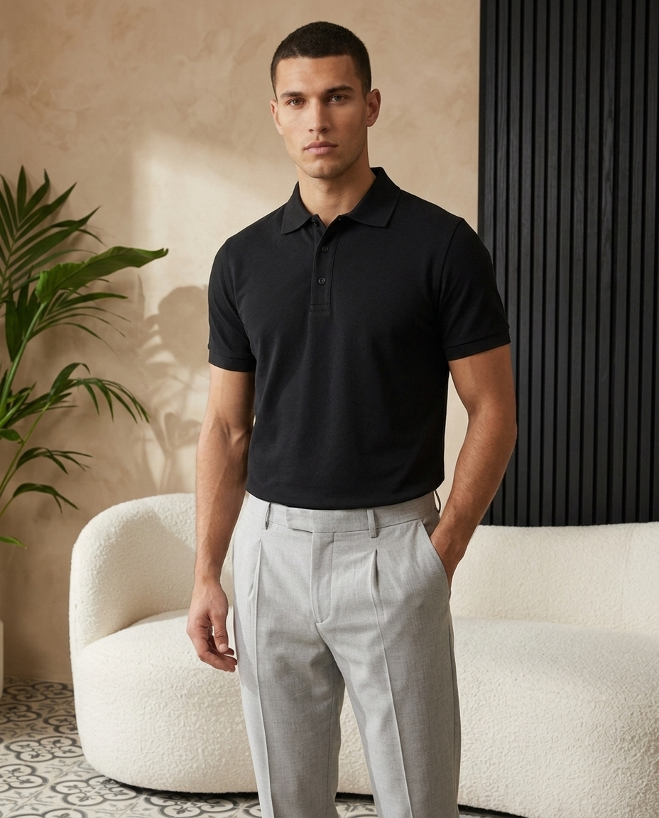 Model draagt Pique Core Polo Black - three quarter editorial