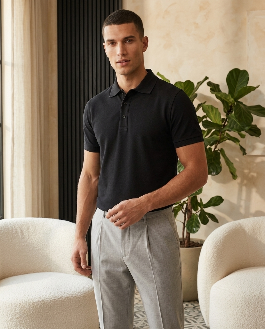 Model draagt Pique Core Polo Black - three quarter editorial