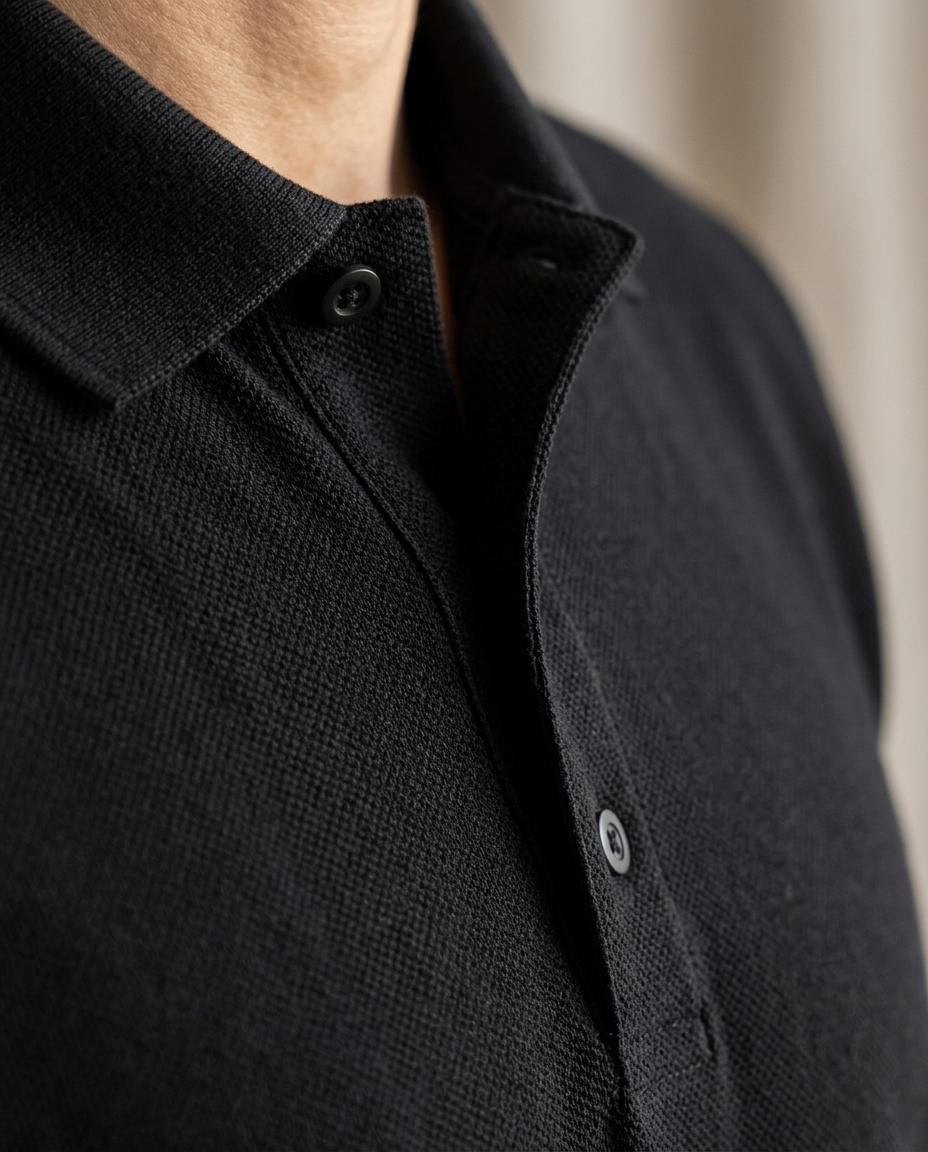 Pique Core Polo Black - close-up pique stof detail