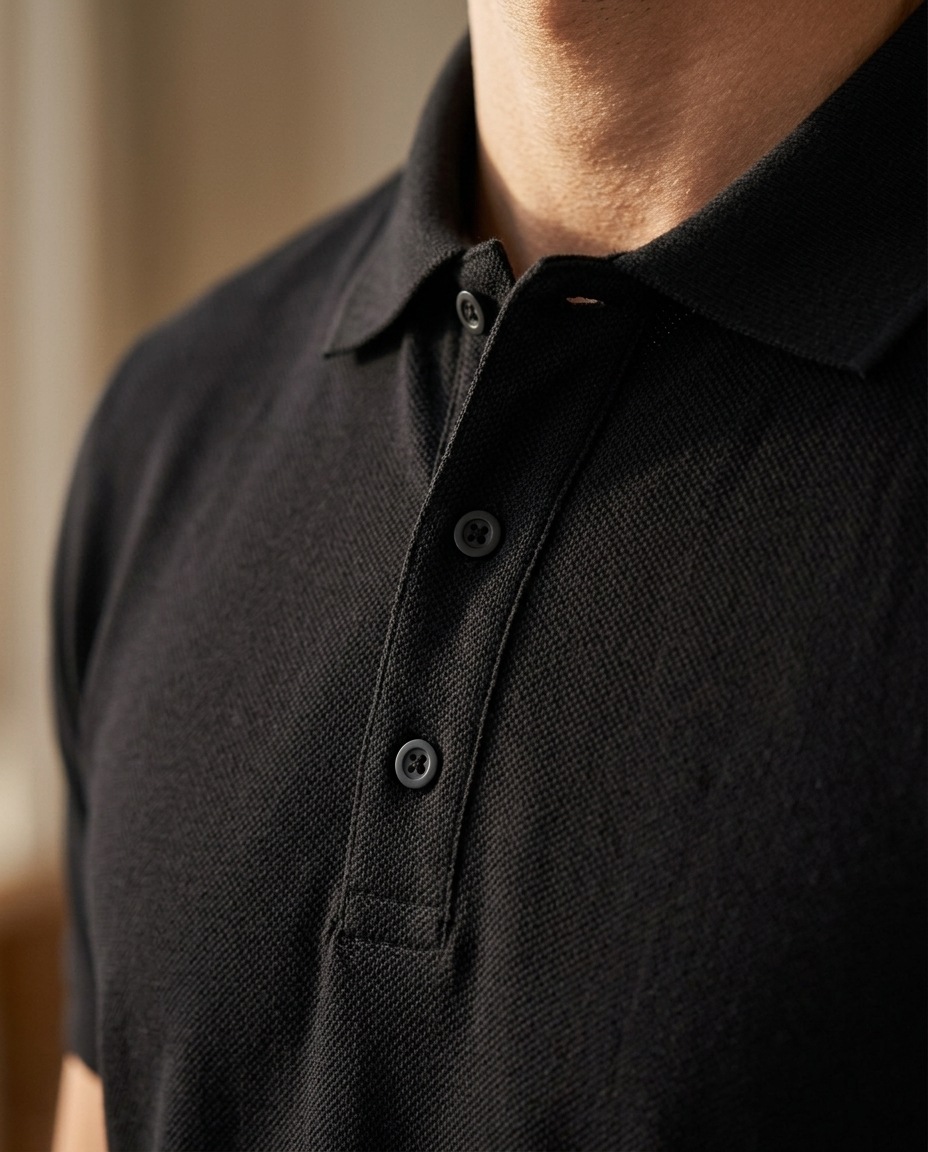 Pique Core Polo Black - close-up pique stof detail