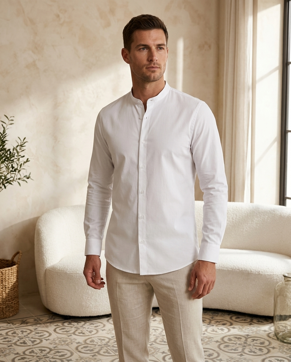 Mandarin Shirt White - editorial model