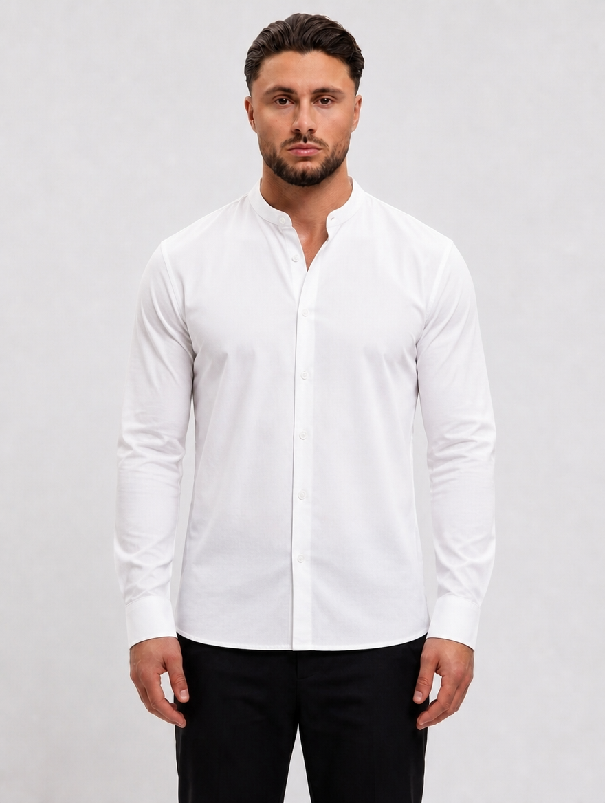 Mandarin Shirt White - voorkant studio