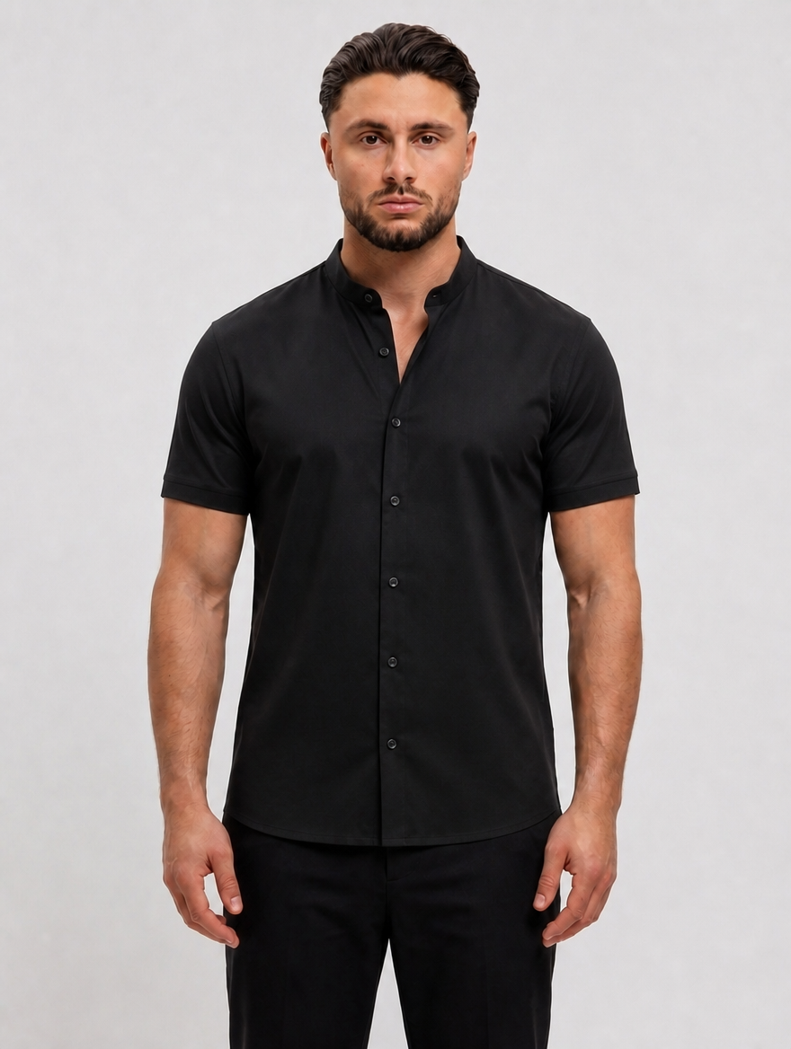 Mandarin Shirt Black - voorkant studio